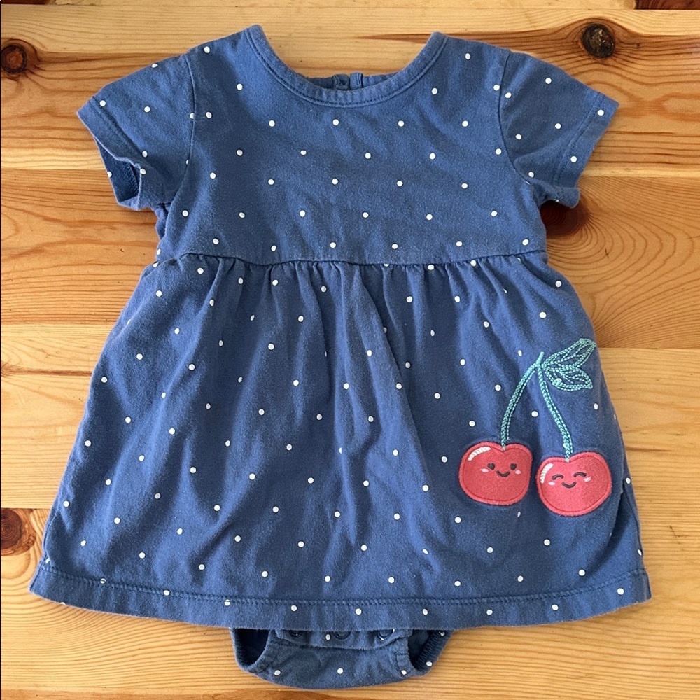 Carter’s Blue Polka Dot Cotton Cherry 🍒 Baby Dress 😊